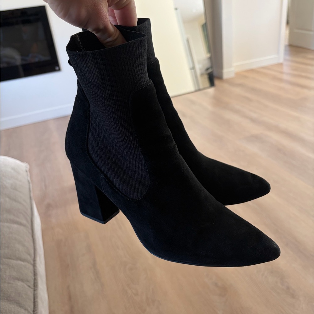 Black Suede Pointed Toe Block Sock Boots